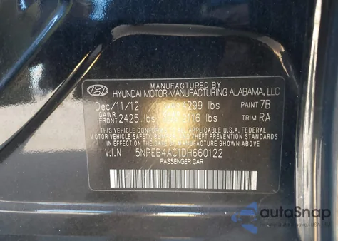 2013 Hyundai Sonata Gls из США, поврежденный, VIN 5NPEB4AC1DH660122